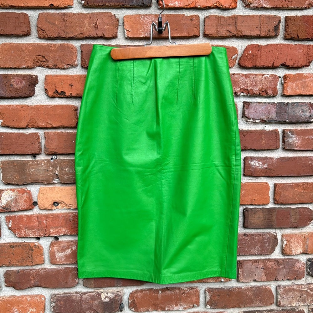 Vintage Leather Bright Green Lined Zip Up Pencil Skirt 10 Hong Kong